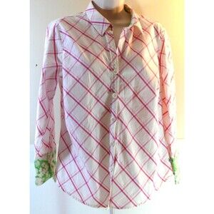Izod Blouse top pink plaid button up cotton contrast sleeves size Med/Large